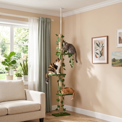 PawHut 4-Tier Floor to Ceiling Cat Tree, Height(80-95Inches)Adjustable, Tall Cat Tower w/ Anti-Slip Kit, Leaves
