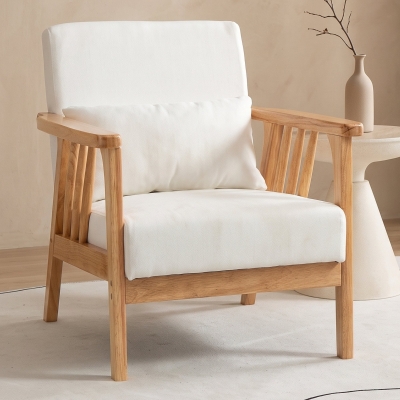 HOMCOM Armchair Upholstered Lounge Chair with Rubber Wood Frame Throw Pillows and Comfortable Cushion, White