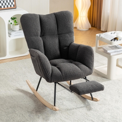 Soft Teddy Fabric Rocking Chair with Adjustable Footrest, 37-49'' L x 26"W x 35-36" H, Dark Gray