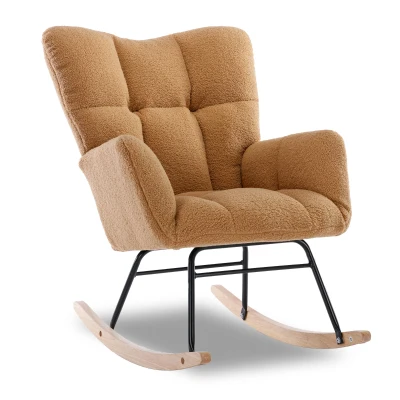 Cozy Teddy Fabric Glider Rocking Chair with Wooden Frame, 31.5'' L x 27.5" W x 37.5" H, Khaki