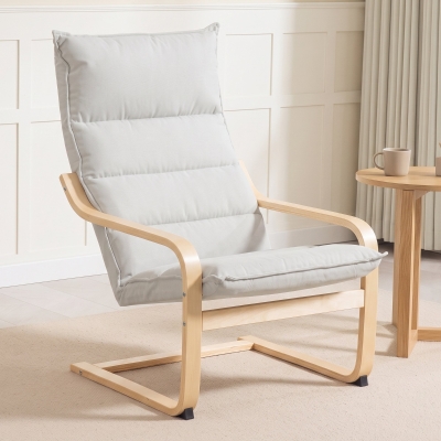 HOMCOM Birch Wood Fabric Modern Armchair, Accent Chair with Curved Leg and Arm for Living Room, Cream White