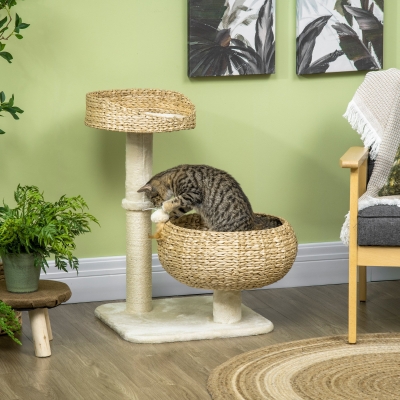 PawHut 28" Cat Tree with Scratching Post, Cat Tower with Double Beds, Beige