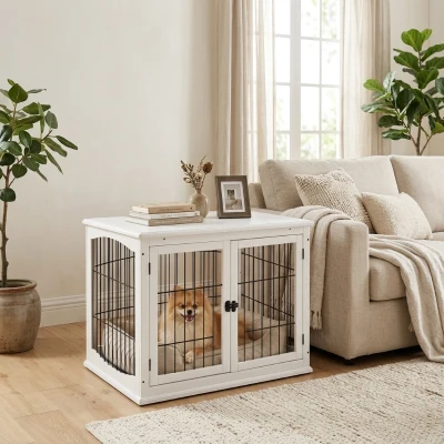 PawHut Small Dog Crate End Table, Lockable Door, White