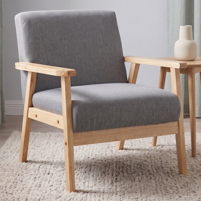 HOMCOM Minimalistic Accent Chairs Wood Frame w/ Thick Linen Cushions Wide Seat Armchair for Bedroom Office, Grey
