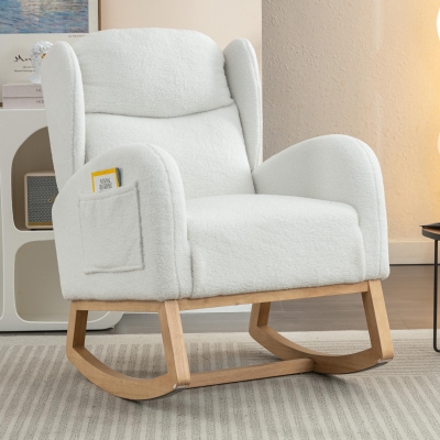 Elegant Teddy Fabric Rocking Chair with Ergonomic Backrest and Plush Filling, 38'' L x 28" W x 40" H, Ivory