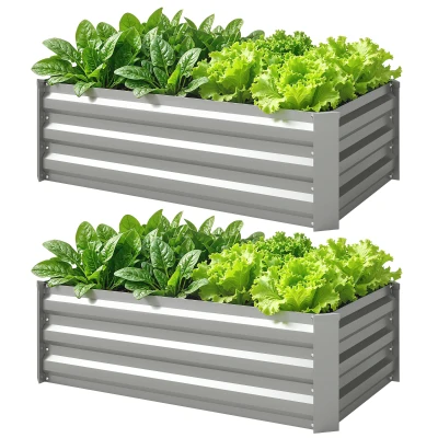 Outsunny Set of 2 Galvanized Raised Beds for Garden, Outdoor Planter Box for Flowers, Herbs and Vegetables, Light Grey