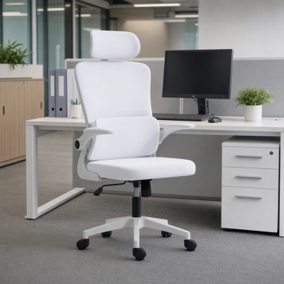 Vinsetto High Back Office Chair, Mesh Computer Chair with Rotatable Headrest, Lumbar Back Support, Adjustable Height, Cream White