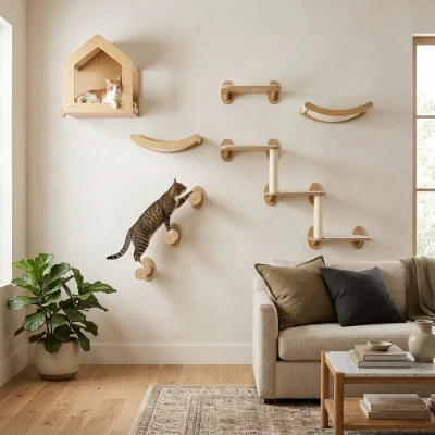 PawHut 8PC Cat Wall Shelves Set with Hammock & Scratching Post
