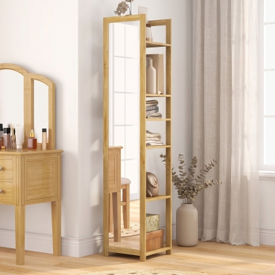 HOMCOM 66" x 14" Standing Mirror with 6-Tier Shelf, Floor Mirror Full Body Mirror for Bathroom, Living Room, Nature Wood