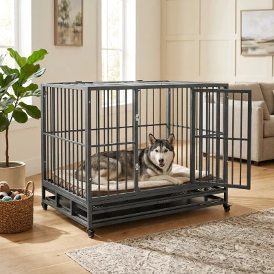 PawHut 43" Heavy Duty Dog Crate with Lockable Wheels, Gray