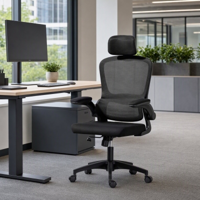 HOMCOM Ergonomic Mesh Office Chair, High Back Desk Chair with Rotatable Headrest, Flip-Up Armrests, Lumbar Support, Black