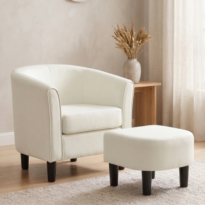 HOMCOM Accent Chair Modern Upholstered Living Room Chair with Ottoman and Pocket Spring Cushion Cream White