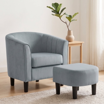 HOMCOM Accent Chair Modern Upholstered Living Room Chair with Ottoman and Pocket Spring Cushion Grey