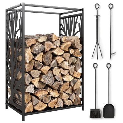 HOMCOM 18.1" x 11.8" x 27.6" Firewood Rack with 4 Tools, Log Holder for Fireplace, Outdoor Indoor Wood Storage Stacker, Black