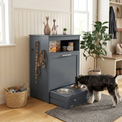 PawHut Pet Feeder Station Cabinet, Dog Food Storage, Gray