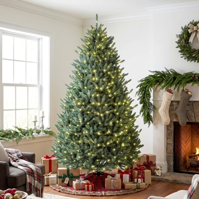HOMCOM 7.5ft Prelit Christmas Tree, Colorado Blue Spruce, Easy Plug, Hinged Xmas Tree with Warm White & Multi-Colour LEDs