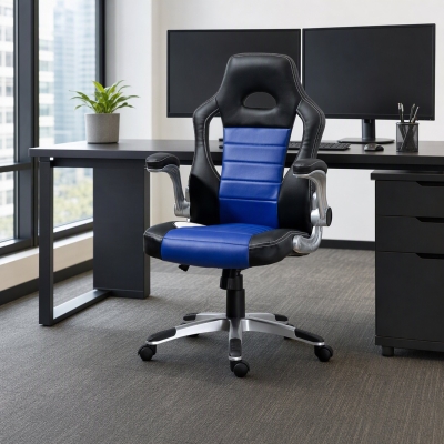 HOMCOM Racing Gaming Chair PU Leather Office Chair Executive Computer Desk Chair with Adjustable Height, Flip Up Armrest, Swivel Wheels, Blue