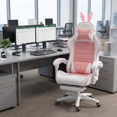 HOMCOM Cute Racing Gamer Chair, PU Leather Gaming Chair with Footrest, Headrest and Lumbar Support, Pink