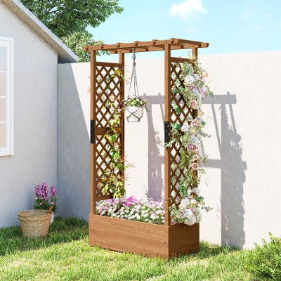 Outsunny Raised Garden Bed with Trellis, Wooden Raised Planter Box with Hanging Roof and 2 Drainage Holes, Orange