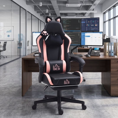 HOMCOM Cute Racing Gamer Chair, Faux Leather Gaming Chair with Footrest, Headrest and Lumbar Support, Black