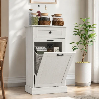 HOMCOM Kitchen Tilt-Out Trash Bin Cabinet with Drawer, Light Gray