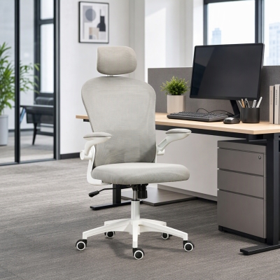 Vinsetto Office Chair, Mesh Computer Desk Chair with Adjustable Headrest, 4D Lumbar Support, Flip-up Arm, Grey