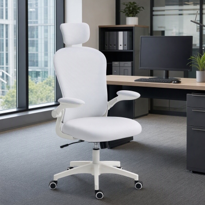 Vinsetto Office Chair, Mesh Computer Desk Chair with Adjustable Headrest, 4D Lumbar Support, Flip-up Arm, White