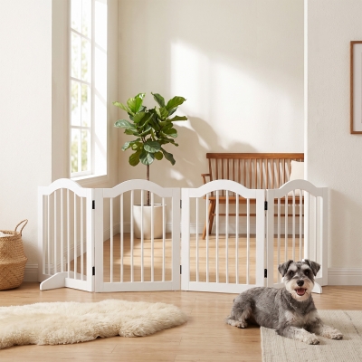 PawHut 24"H Foldable Dog Gate, 4 Panels Freestanding Pet Gate Barriers Indoor with Support Feet White