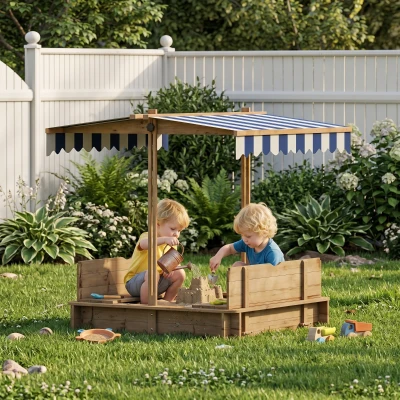 Outsunny Wooden Kids Sandbox with Cover & Adjustable Canopy, Red