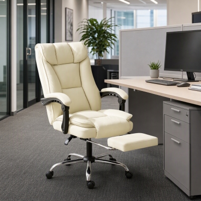 HOMCOM Executive Office Chair, Faux Leather Ergonomic Desk Chair with Footrest, Swivel Recliner, Beige