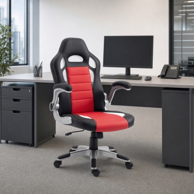 HOMCOM Racing Gaming Chair PU Leather Office Chair Executive Computer Desk Chair with Adjustable Height, Flip Up Armrest, Swivel Wheels, Red