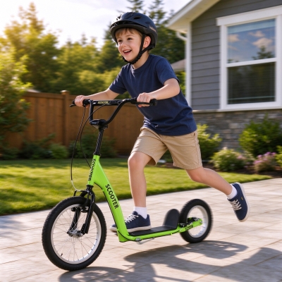 Aosom Kids Scooter with Adjustable Handlebar, Youth Kick Scooter with Dual Brakes, Inflatable Wheels, for Age 5+, Green