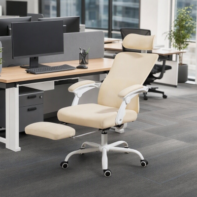 HOMCOM Ergonomic Office Chair, Mesh Reclining Desk Chair with Adjustable Lumbar Support, Headrest, Beige