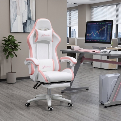 Vinsetto Computer Gaming Chair, PU Leather Office Desk Chair with Footrest, Swivel Wheels, 135° Reclining Back, White