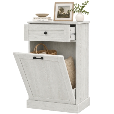 HOMCOM Kitchen Tilt-Out Trash Bin Cabinet with Drawer, Light Gray
