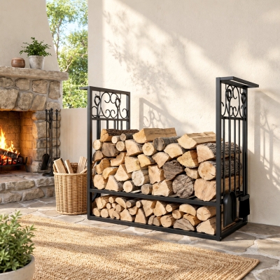 HOMCOM 29.5" x 11.75" x 23.5" Heavy Duty Firewood Wood Log Rack Vintage Design Firewood Storage Shelf w/ 4 Tools, Black