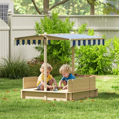 Outsunny Wooden Sandbox with Adjustable Canopy, Natural Blue