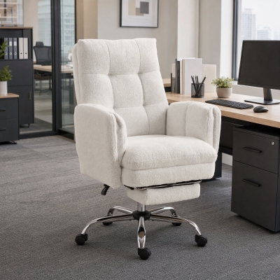 HOMCOM Office Chair, Teddy Fleece Executive Computer Desk Chair with Foldable Armrests, Wide Seat, Cream White