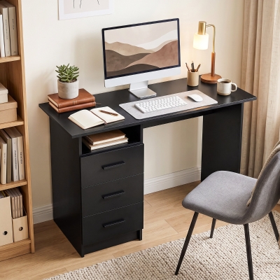 HOMCOM Computer Desk with Storage, 39" Home Office Desk with 3 Drawers nad Open Shelf, Writing Table for Bedroom, Black