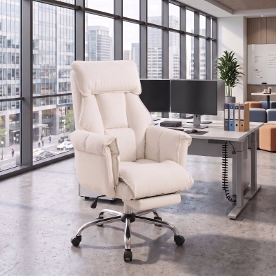 HOMCOM Desk Chair, Computer Office Chair with Footrest, Adjustable Backrest and Headrest, Cream White