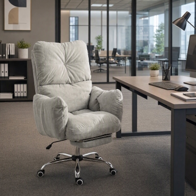 HOMCOM Office Chair with Foot Rest, Ergonomic Reclining Computer work Chair w/ Snow Flannel Fabric, Thick Cushion, Light Grey