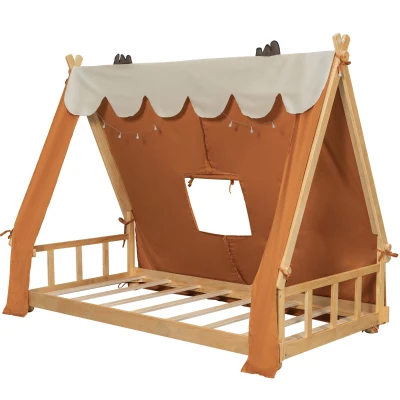 Whimsical Twin House Bed with Detachable Tent and Skylight, Sturdy Kids Wooden Platform Bed with 8 Slats, 79.5" L x 41" W x 63" H, Brown
