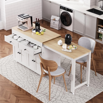 Chic Rolling Kitchen Island with Extendable Dining Table, Space-Saving Storage Cart with 4 Doors and 2 Drawers, 74.5" L x 19.5" W x 36" H, Off White