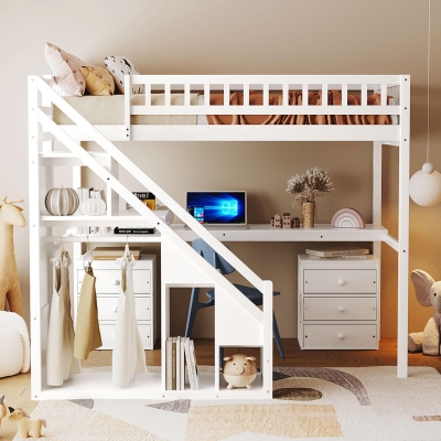 Chic Twin Loft Bed with Desk and 7-Color LED Lights, Space-Saving Storage Bed with 2 Drawers and Stairs, 79" L x 59.5" W x 68" H, White