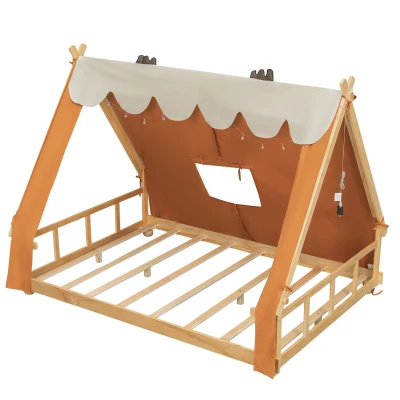 Modern Full-Size House Bed with Detachabl Tent, Sturdy Wooden Platform Bed with Skylight and 8 Slats, 79.5" L x 57.5" W x 63" H, Brown