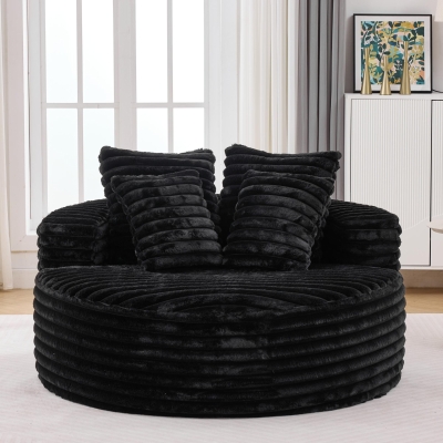Plush Oversized Round Lounge Chair with Segmented Backrest, Velour Sofa with 4 Pillows and No Assembly, 54.5'' L x 54.5" W x 33" H, Black