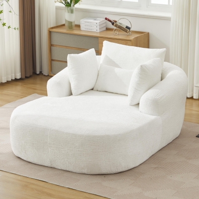 Plush Oversized Chaise Lounge with Deep Seat and Pillows, Versatile Sleeper Sofa with Corduroy and Armrests, 57.5'' L x 51.5" W x 32" H, White