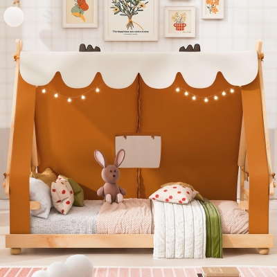 Whimsical Twin House Bed with Detachable Tent and Skylight, Sturdy Kids Wooden Platform Bed with 8 Slats, 79.5" L x 41" W x 63" H, Brown