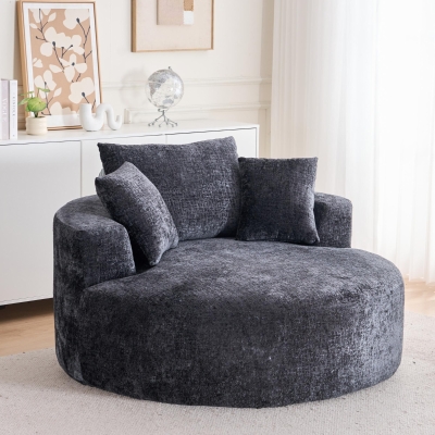 Fluffy Sleeper Chair with Plush Corduroy Fabric and Cylindrical Pillow, Soft Modular Lounge Sofa for Living Room, 54.5" L x 54.5" W x 33" H, Black