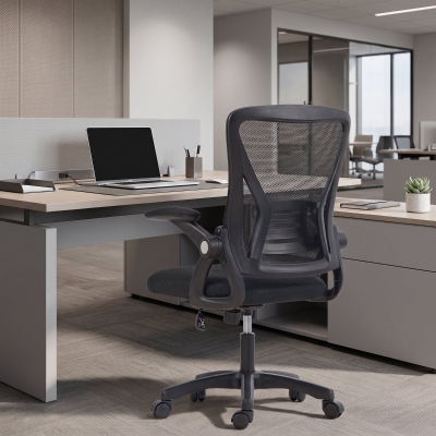 HOMCOM Office Chair, Mesh Desk Chair with Flip-up Armrests, Lumbar Support, Adjustable Height, Black